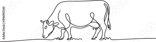 Cow on pasture in continuous line art drawing style. Grazing cow minimalist black linear. one line Icon drawing