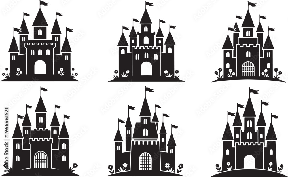 Obraz premium A captivating collection of majestic castle silhouettes, showcasing various fairytale palace designs with towering spires and flags, perfect for fantasy and historical-themed projects