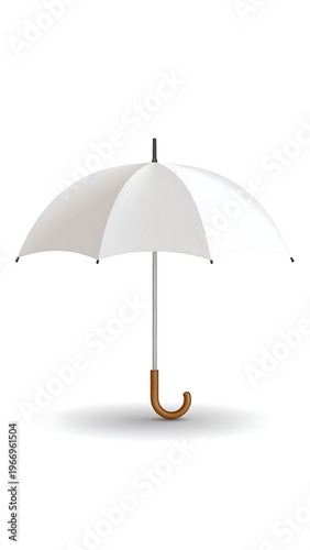 A fully open, pristine white umbrella, held upright against a stark white backdrop, displaying a light shadow