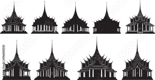 Elegant collection of traditional Thai temple architectural silhouettes, showcasing intricate roofs and ornate designs reflecting rich Southeast Asian cultural heritage