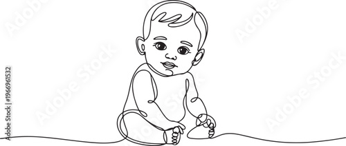 Baby boy sitting in continuous line art drawing style. Cute toddler child black linear. one line Icon drawing