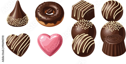 Hand drawn chocolate sweets vector set featuring truffles pralines donut and heart shaped candies in glossy detailed style for confectionery packaging and dessert design