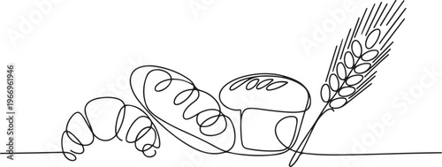 Bakery products with wheat ear in continuous line art drawing style. Black line. one line Icon drawing