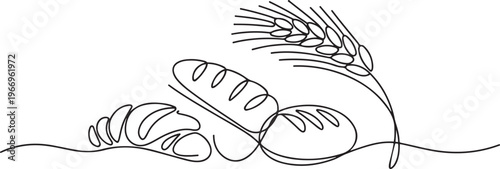 Bakery products with wheat ear in continuous line art drawing style. Black line. one line Icon drawing