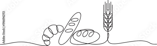 Bakery products with wheat ear in continuous line art drawing style. Black line. one line Icon drawing