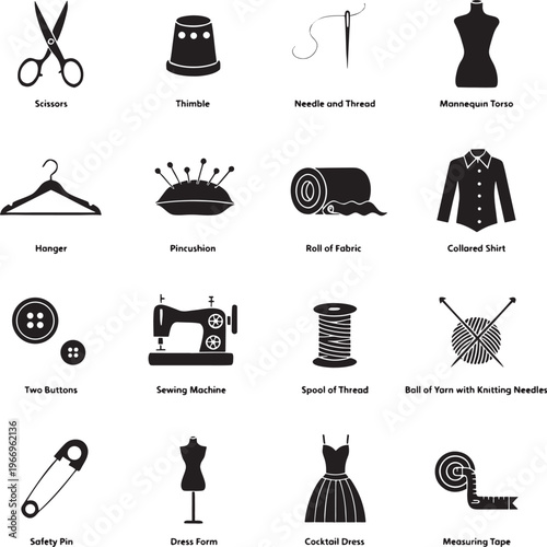 Collection of black sewing and tailoring icons including tools and garment equipment