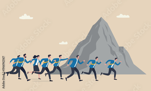 Success business,bigger one fall achieve goal, challenge or effort to reach target, motivation and teamwork to success, business people team members running to reach mountain peak