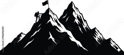 Climber reaching mountain summit silhouette with flag representing success achievement leadership and peak performance in outdoor adventure sports isolated vector icon