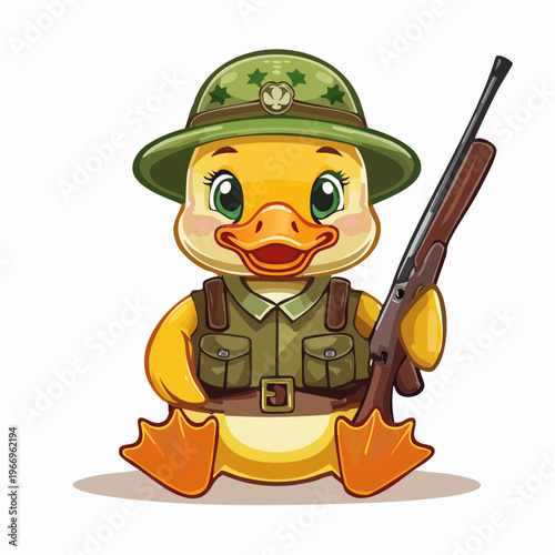 Cartoon duck in military gear holding a rifle with a serious expression at a training camp setting Generative AI