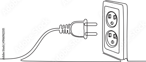 Plug inserting into electric outlet in continuous line art drawing style. Power plug and socket minimalist black linear. one line Icon drawing