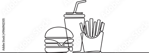 Burger, soda and french fries takeout food in continuous line art drawing style. Fast food minimalist black linear. one line Icon drawing