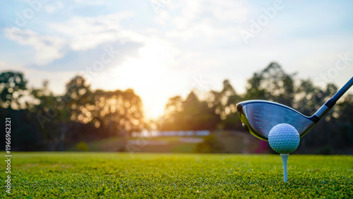 Bild auf Leinwand Golf clubs and golf balls on a green lawn in a beautiful golf course with morning sunshine
