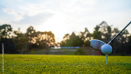 Canvastavla Golf clubs and golf balls on a green lawn in a beautiful golf course with morning sunshine