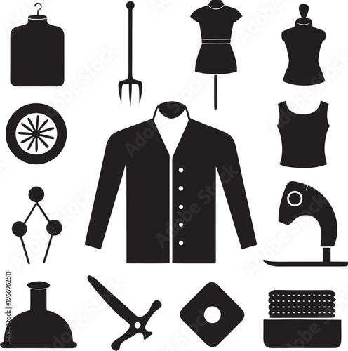 Set of black and white icons representing tailoring and sewing tools like scissors and mannequins