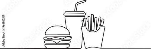 Burger, soda and french fries takeout food in continuous line art drawing style. Fast food minimalist black linear. one line Icon drawing