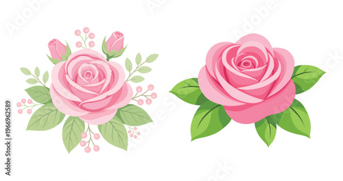 Pink roses vector illustration with detailed petals and green leaves, isolated on white. Clean, modern floral graphic perfect for Valentine’s Day, wedding invitations, romance themes, branding, and pr