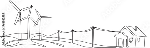 Wind energy in continuous line art drawing style. Landscape with wind turbines producing electricity, power line and abstract private home consumer. one line Icon drawing