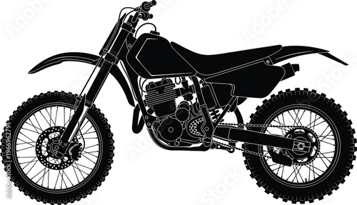 Dirt bike silhouette illustration, motocross motorcycle design, off road vehicle art, rugged sport bike drawing, black and white profile