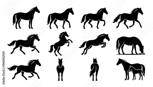 Horse Silhouette Icon Set – Running, Jumping, Grazing and Standing Horse Shapes for Farm, Equestrian and Logo Design