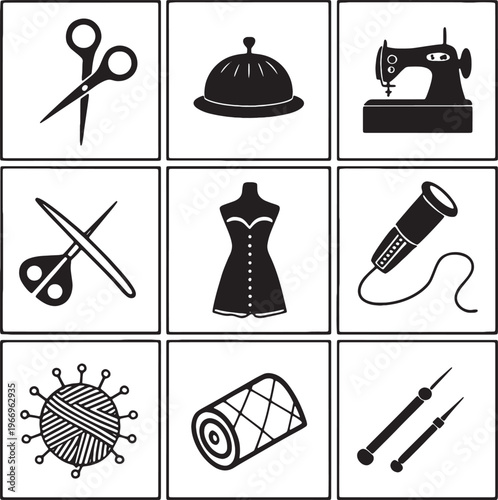 Collection of black and white sewing tools and tailoring equipment icons on a white background