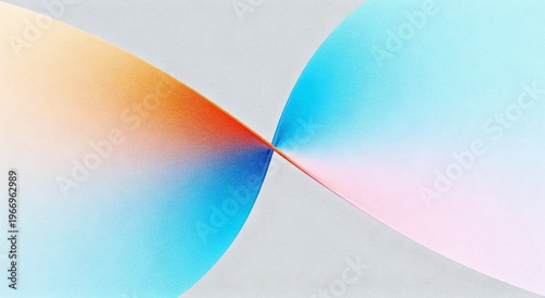 Abstract smooth curved shape with orange blue cyan and pink gradients on soft gray background, fluid motion, grainy texture, banner, backdrop design,