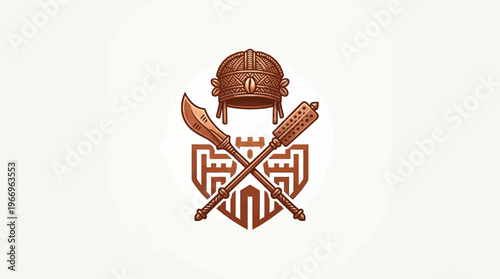 Shield With Helmet Spear and Mace on White Background