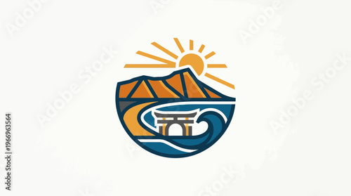 Minimalist Coastal Landscape Logo Design with Bridge