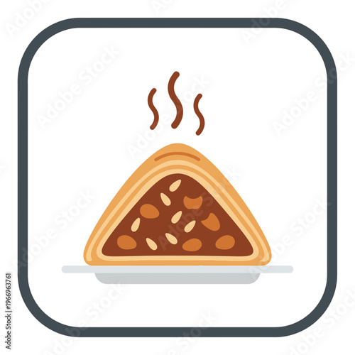 A triangular pastry with a rich filling, served warm and steaming on a plate, vector illustration