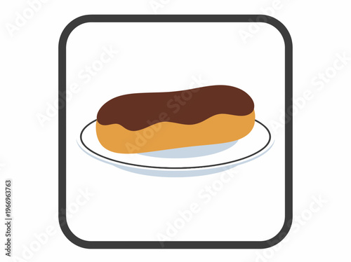 Delicious chocolate-glazed eclair pastry, a sweet confectionery treat, presented as a clear vector illustration on a serving dish