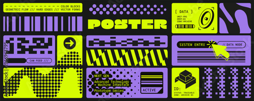 фотографія Modular bento grid with neon green and purple futuristic elements, halftone patterns, pixel shape