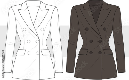 Women's blazer jacket fashion technical drawing, illustration. Jacket, coat vector. Flat sketch, CAD, Mockup.