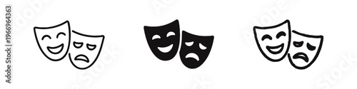 Comedy and tragedy theater masks icon set. Ancient Greek drama symbols for acting and emotions.