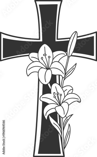 Christian cross with lily flowers vector illustration, religious symbol design, elegant spiritual decorative artwork