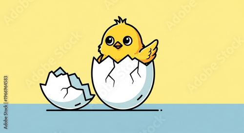 Cute cartoon chick hatching from a cracked eggshell.