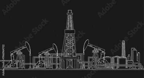 Oil drilling rig and pump jacks in an industrial landscape.