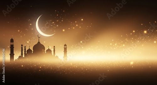 Islamic Architecture Under Crescent Moonlight.