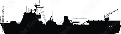 Cargo ship silhouette vector with crane equipment, industrial maritime vessel illustration, shipping transport design