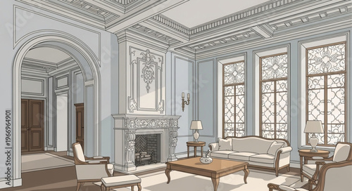 Elegant Victorian drawing room interior design with ornate fireplace and large windows.
