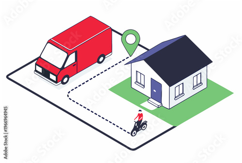 Isometric delivery service concept with red van and a man on scooter going to house. Last mile and quick delivery. Vector illustration