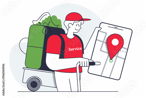 Smiling man courier on scooter with large backpack delivering goods, holding smartphone with GPS map and location pin. Quick delivery and last mile concept. Vector illustration