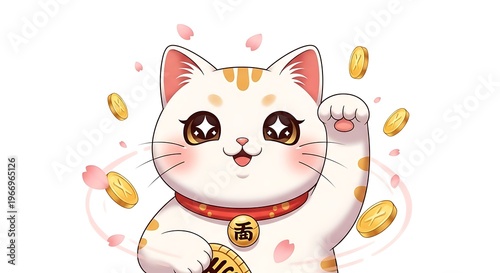 Lucky Cat with Gold Coins Falling.