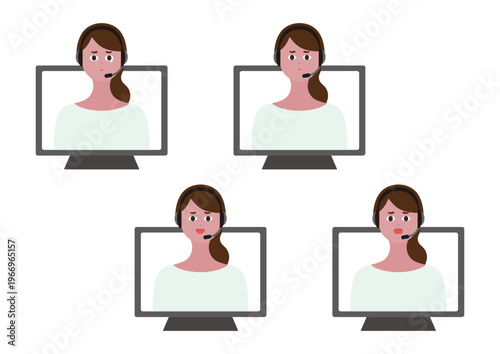 ビデオ通話で説明をする女性オペレーターの表情４種類ベクターイラスト素材セット／泣く・困る（白・ロングヘア）