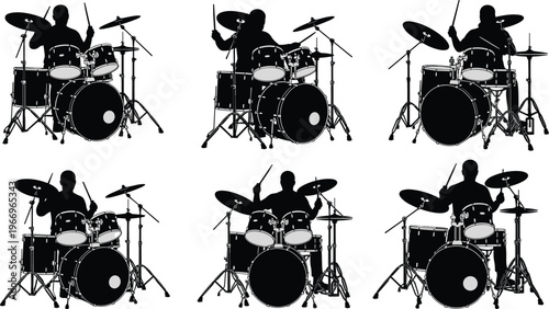 Silhouette drummers playing drum kits, energetic percussion performance, black musician figures, music rhythm art, concert stage illustration, dynamic drummer silhouettes