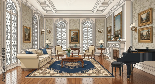 Luxurious living room with grand piano and ornate decor.