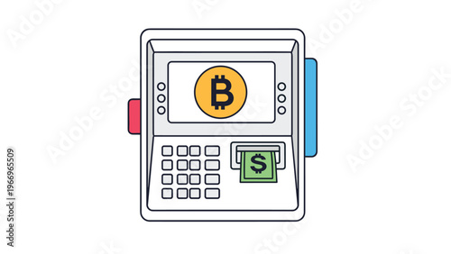 Bitcoin ATM displaying the iconic cryptocurrency symbol on its screen while dispensing physical currency, illustrating the convergence of digital and traditional finance.