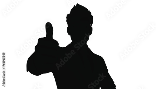Silhouette of a businessman giving a thumbs up gesture against a white background for positive feedback.