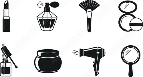 Cosmetic and beauty product icon set featuring black minimalist silhouettes of lipstick perfume makeup brush powder nail polish cream jar hair dryer and mirror isolated on white background