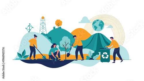 Diverse group of people actively participating in environmental conservation efforts, including tree planting, cleaning, and recycling, showcasing global responsibility.