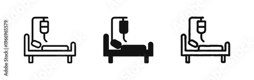 Hospital bed with IV drip icon set. Medical care and patient treatment illustration.