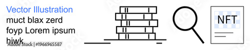 Education, research, digital assets, blockchain, intellectual property, innovation. Stack of books, magnifying glass and NFT document. Education and research through the book stack and magnifying